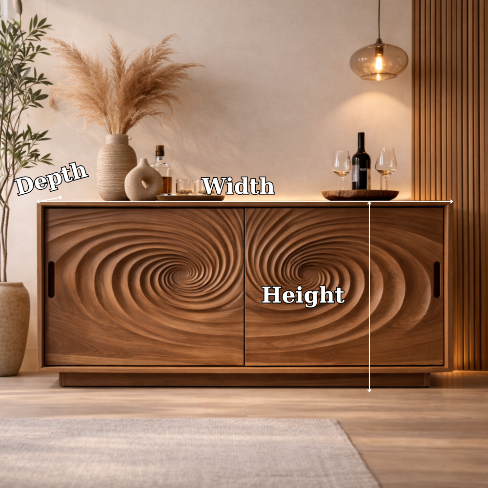 Solid Walnut Console Table with Carved Spiral Doors – Modern Wooden Sideboard