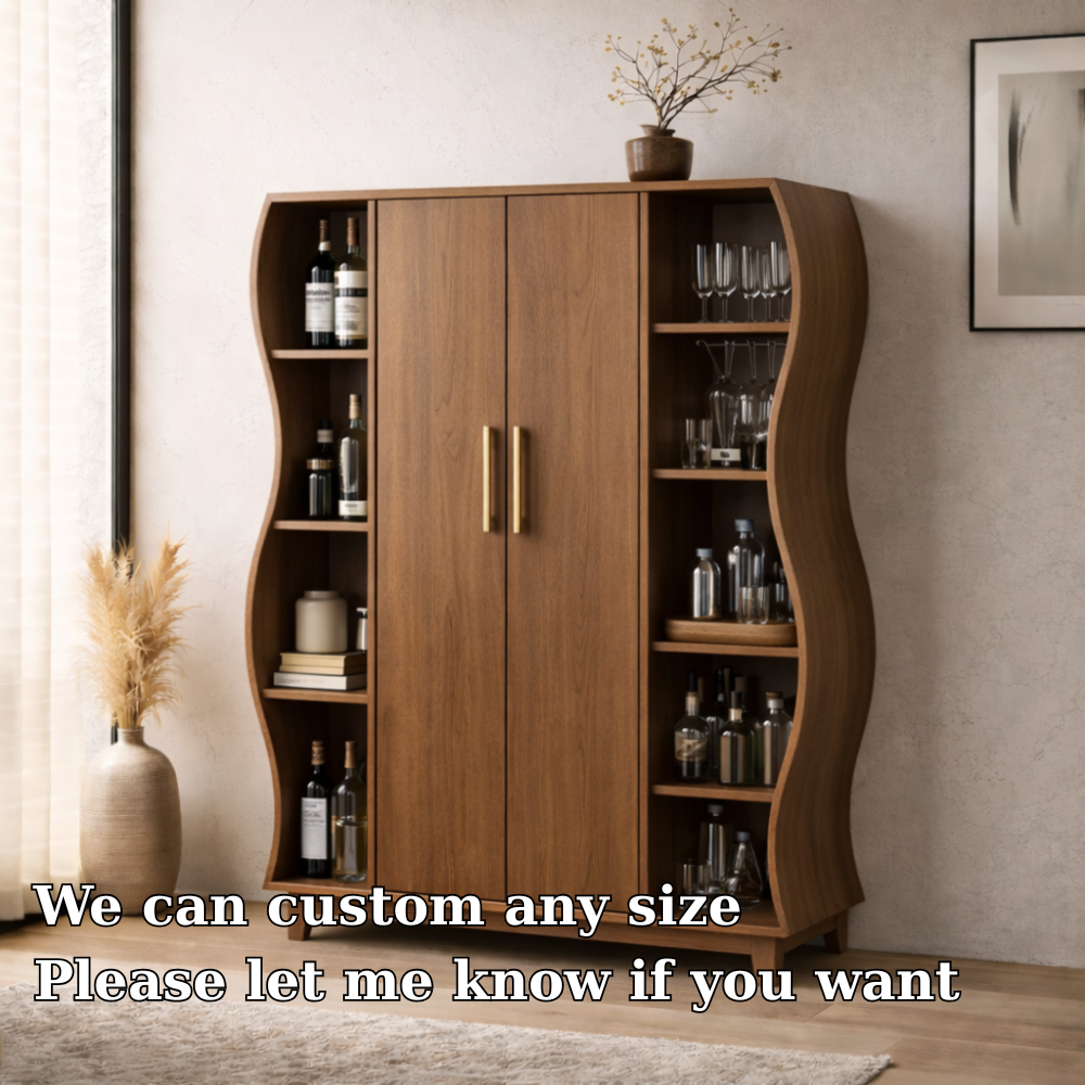 Solid Wood Curved Bar Cabinet with Open Shelves – Modern Walnut Wine Storage Cabinet