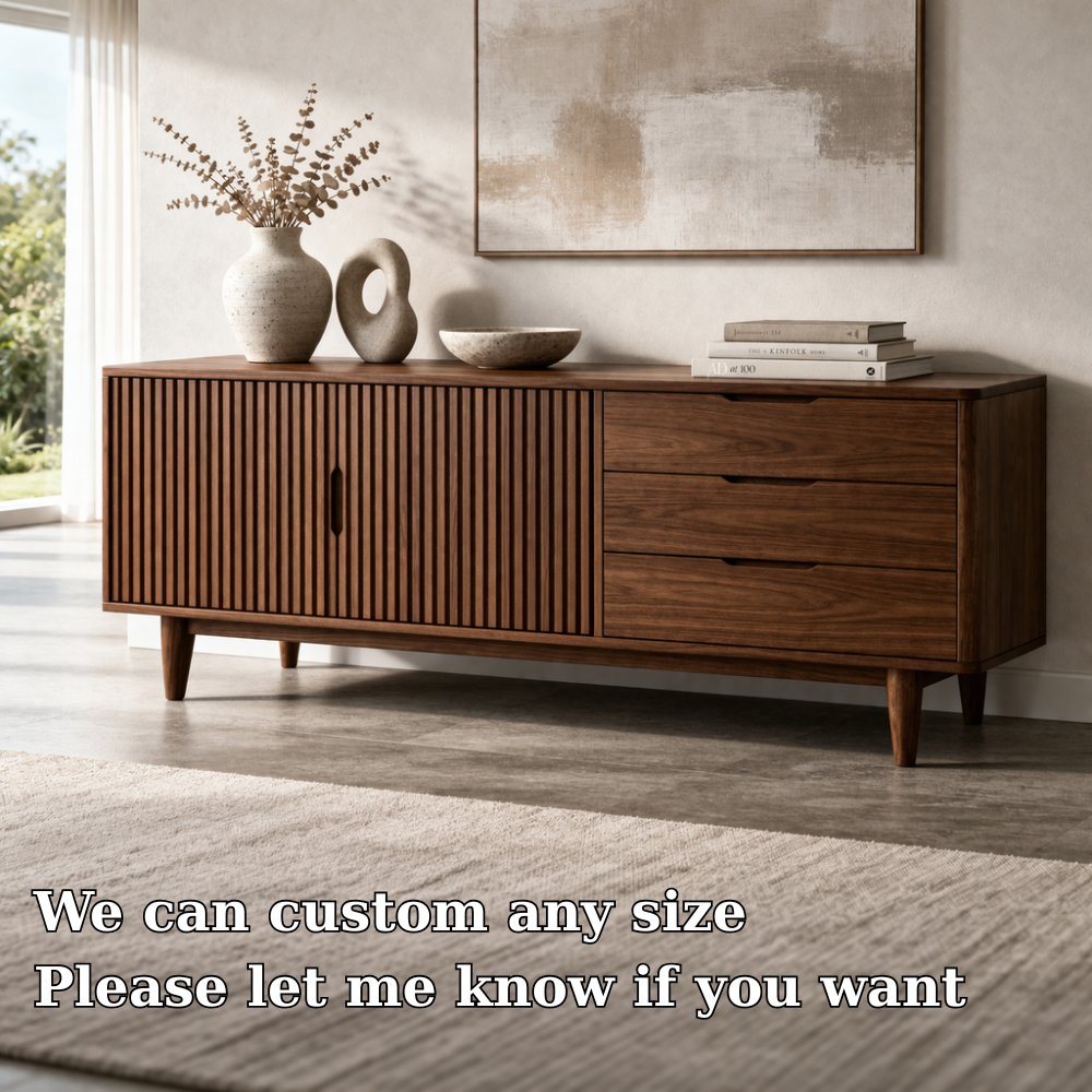Fluted Solid Wood Console Cabinet with Drawers – Mid Century Storage Sideboard