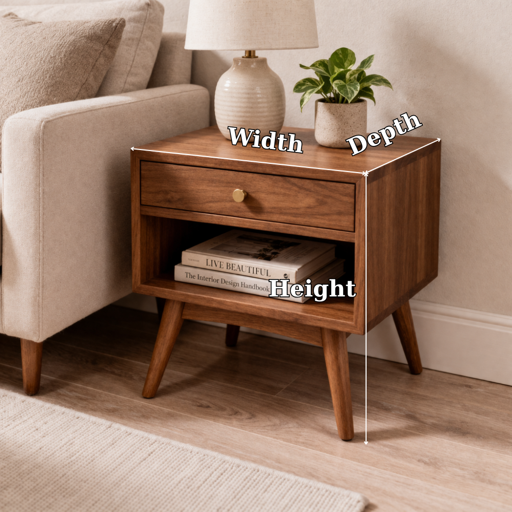 Solid Wood End Table with Drawer and Shelf – Mid Century Modern Bedside Table