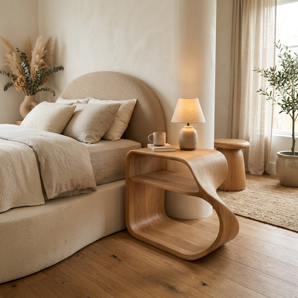 Solid Wood Curved Nightstand with Open Shelf – Modern Minimalist Bedside Table