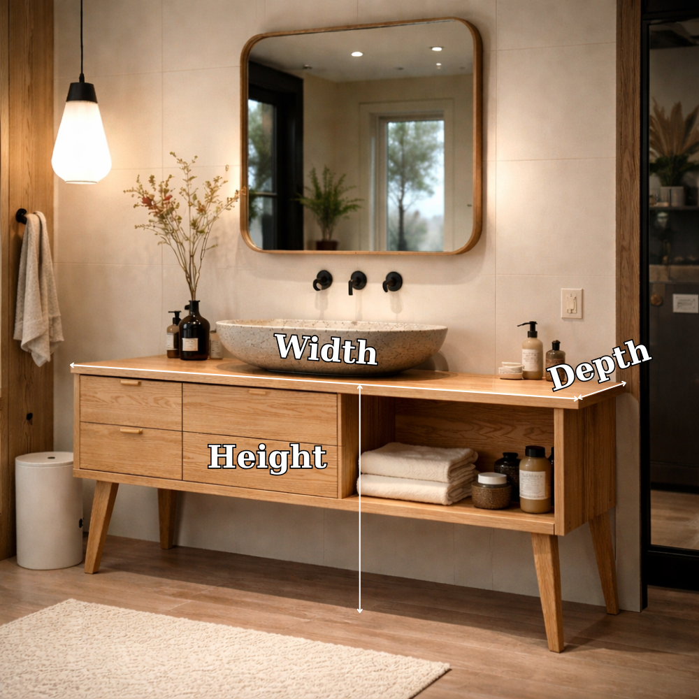 Solid Wood Bathroom Vanity with Drawers & Open Shelf – Modern Oak Vanity Cabinet