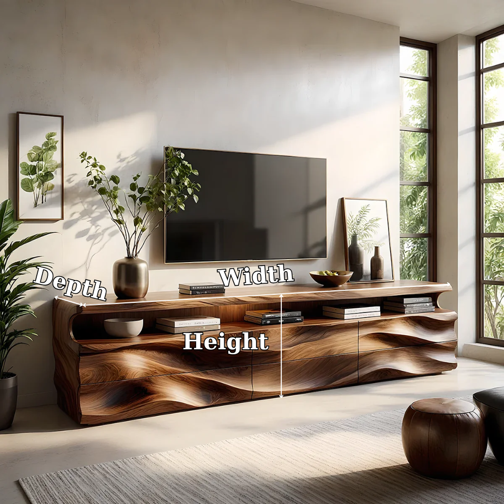 Solid Wood TV Stand Modern Walnut Media Console with Wave Front Design