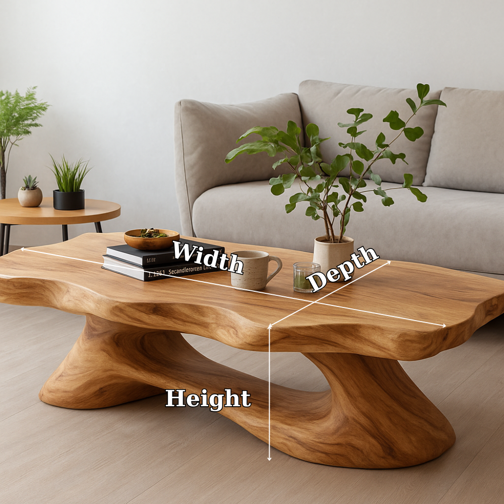 Solid Wood Coffee Table Modern Live Edge Natural Wood with Sculptural Base