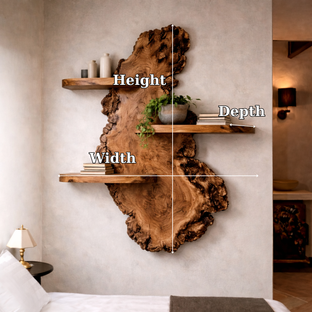 Handcrafted Solid Wood Live Edge Wall Shelf - Artistic Floating Tree Design for Home & Kitchen