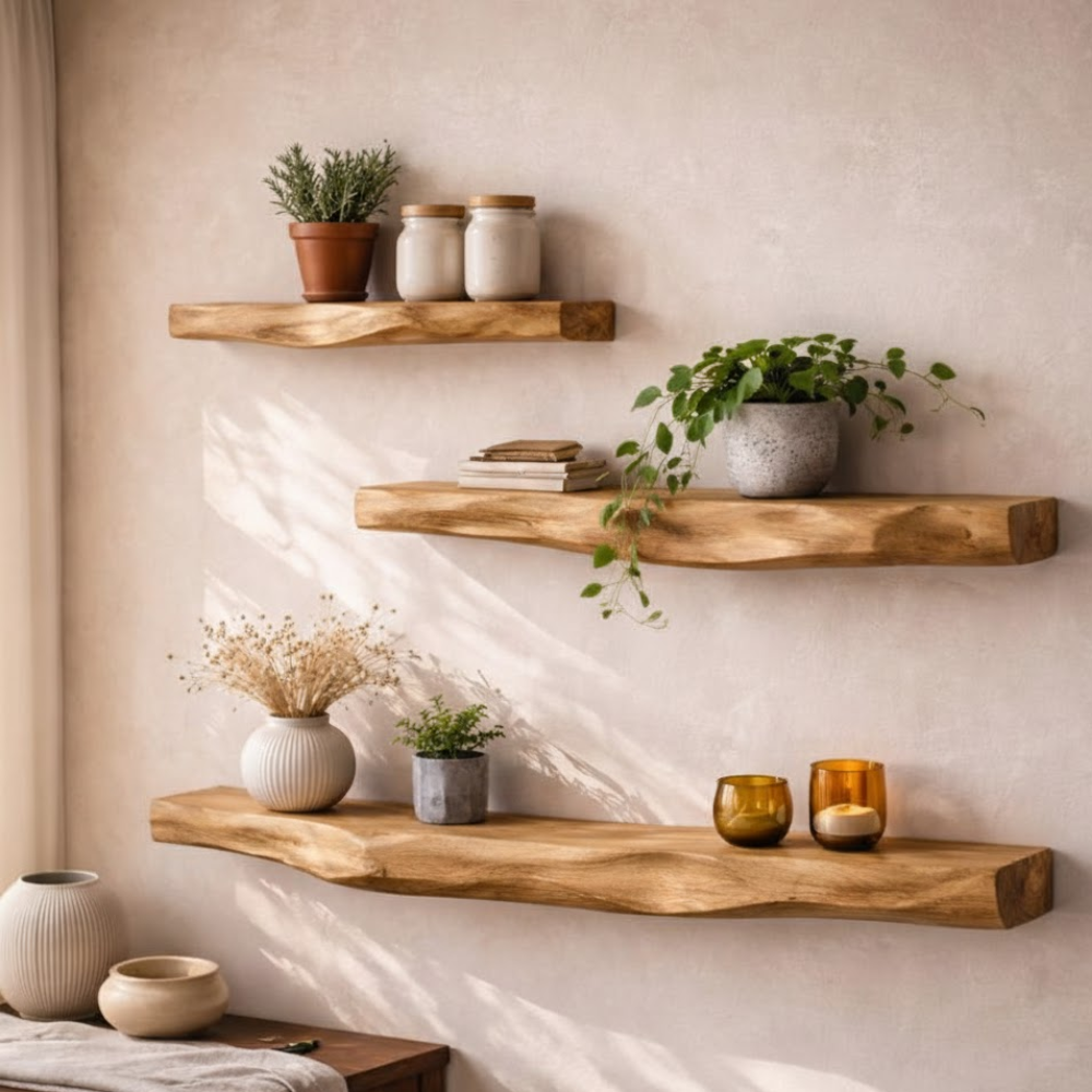 Handcrafted Solid Wood Organic Wall Shelf - Unique Live Edge Floating Decor for Home & Kitchen