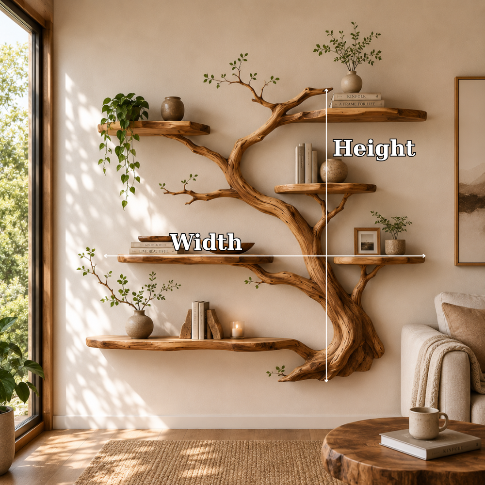 Organic Solid Wood Tree Bookshelf Floating Wall Shelf Handmade Rustic Home Decor