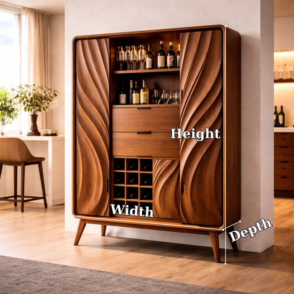 Modern Solid Wood Bar Cabinet with Sculpted Wave Doors and Wine Storage