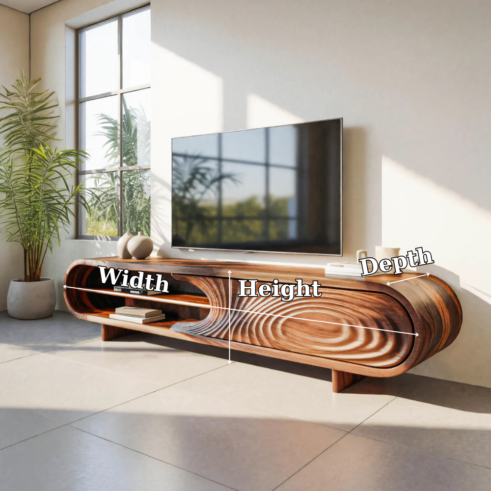 Modern Solid Wood Media Console with Sculpted Design – TV Stand with Open Storage