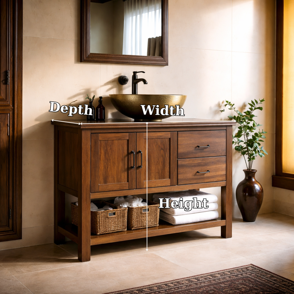 Solid Wood Bathroom Vanity with Drawers, Cabinet Doors & Open Shelf Storage