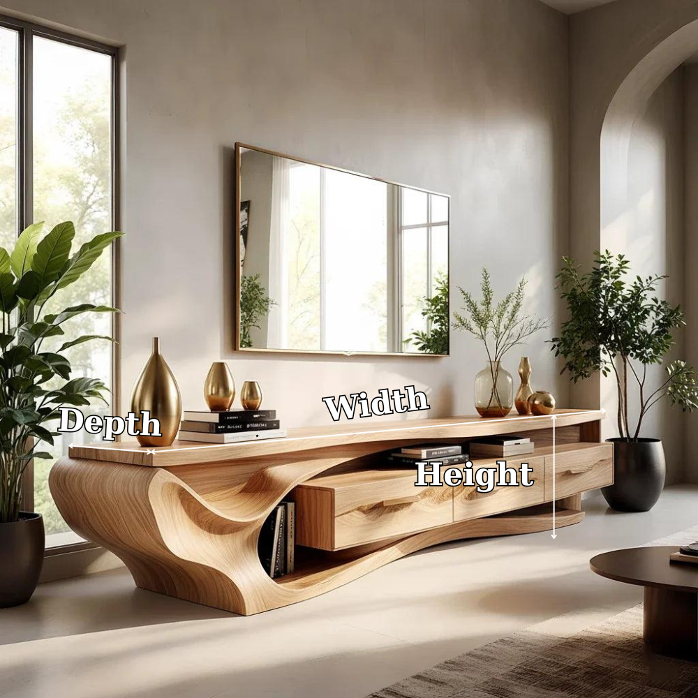 Solid Wood Media Console with Curved Design, Modern TV Stand with Storage