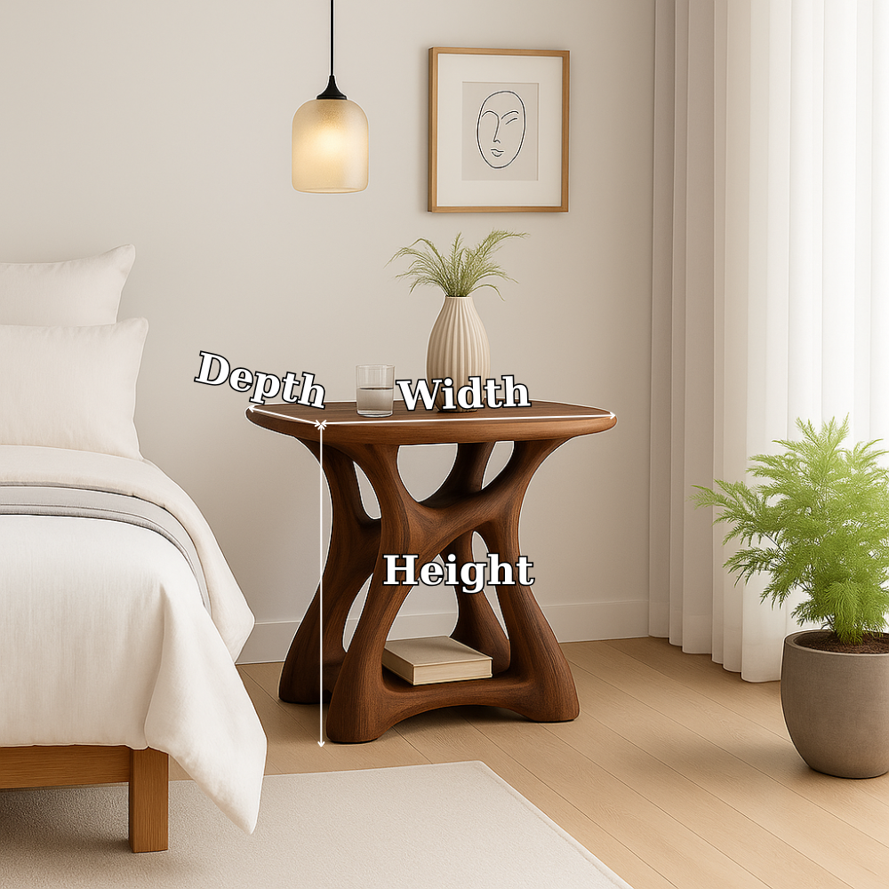 Handcrafted Solid Wood Nightstand – Modern Sculptural Bedside Table with Open Storage Kitchnce