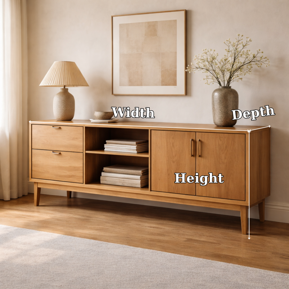 Solid Wood Console Cabinet with Drawers, Doors and Open Shelf Storage