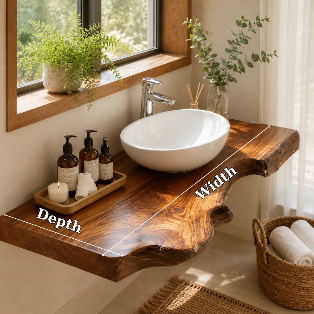 Live Edge Floating Vanity Shelf | Rich Grain Solid Wood Bathroom Counter Kitchnce