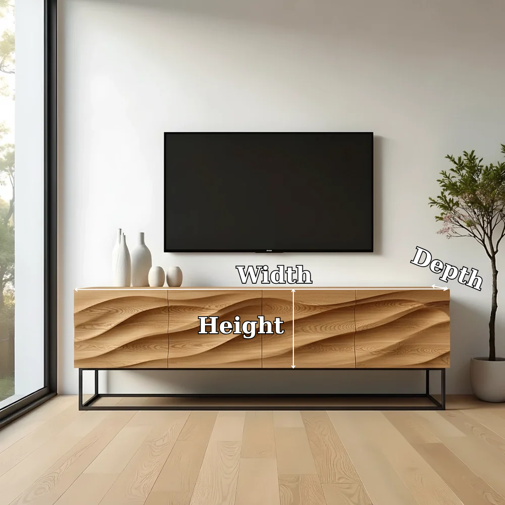 Solid Wood TV Stand Modern Oak Media Console with Wave Carved Storage Cabinet