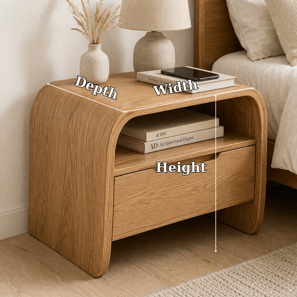 Curved Solid Wood End Table with Drawer and Shelf – Modern Bedside Nightstand