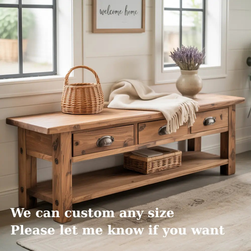 Handcrafted Solid Wood Bench – Rustic Entryway Bench with 3 Drawers & Shelf Kitchnce