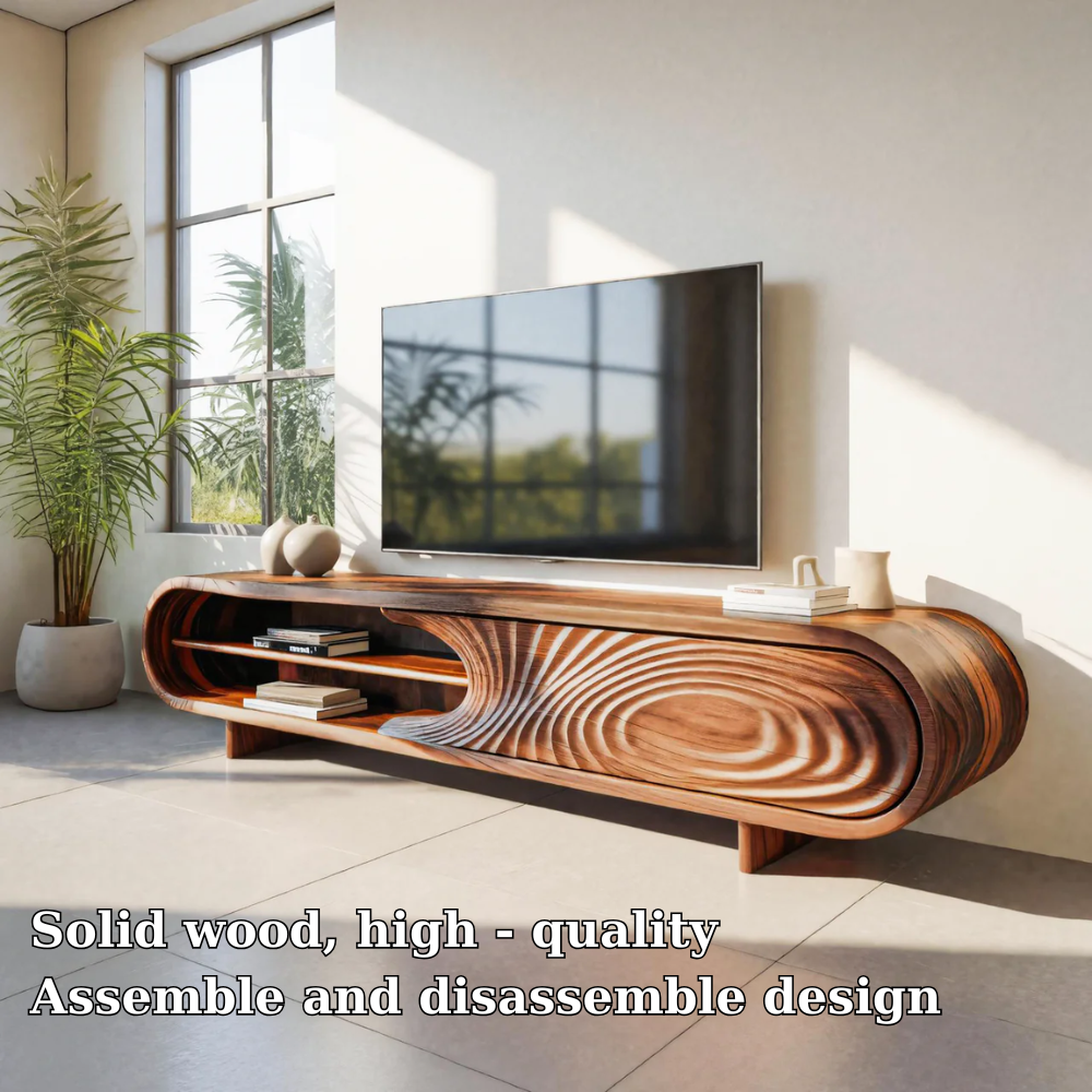 Modern Solid Wood Media Console with Sculpted Design – TV Stand with Open Storage