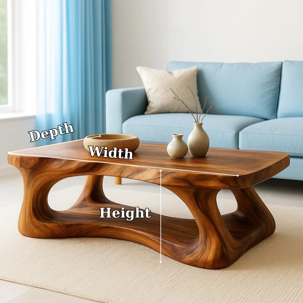 Solid Wood Coffee Table Modern Sculptural Base Natural Live Edge Design
