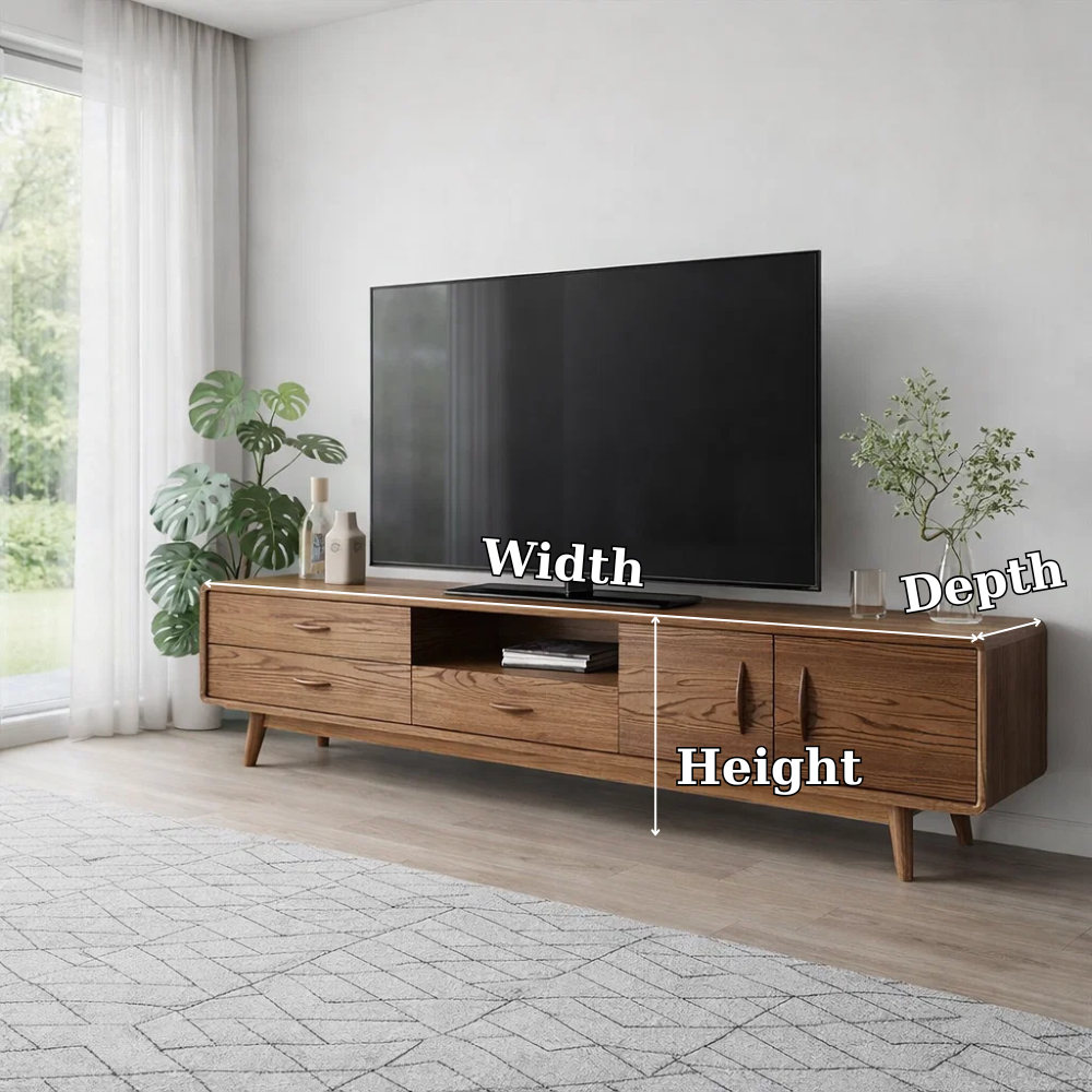 Solid Wood TV Console with Drawers & Cabinets – Modern Mid Century Stand