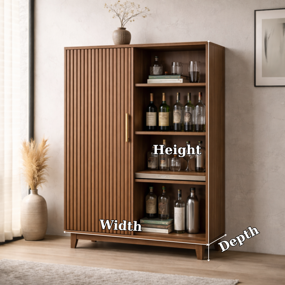 Solid Wood Bar Cabinet with Fluted Door and Open Wine Storage Shelves
