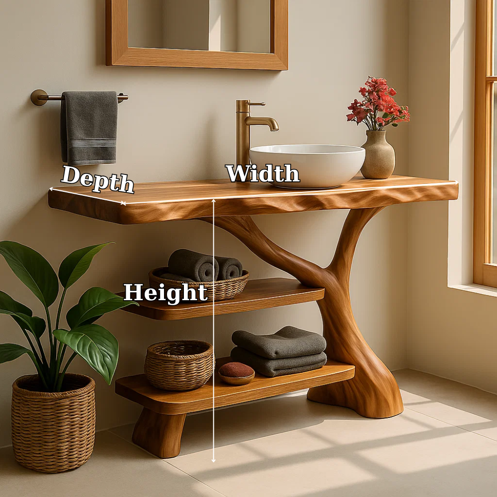 Handcrafted Solid Wood Bathroom Vanity – Natural Double Shelf Design for Modern Rustic Spaces Kitchnce