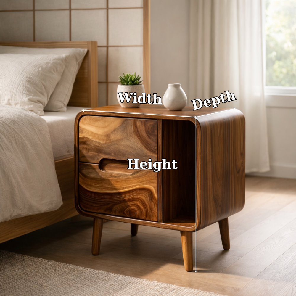 Solid Wood Nightstand with Drawer & Open Cubby – Curved Modern Bedside Table
