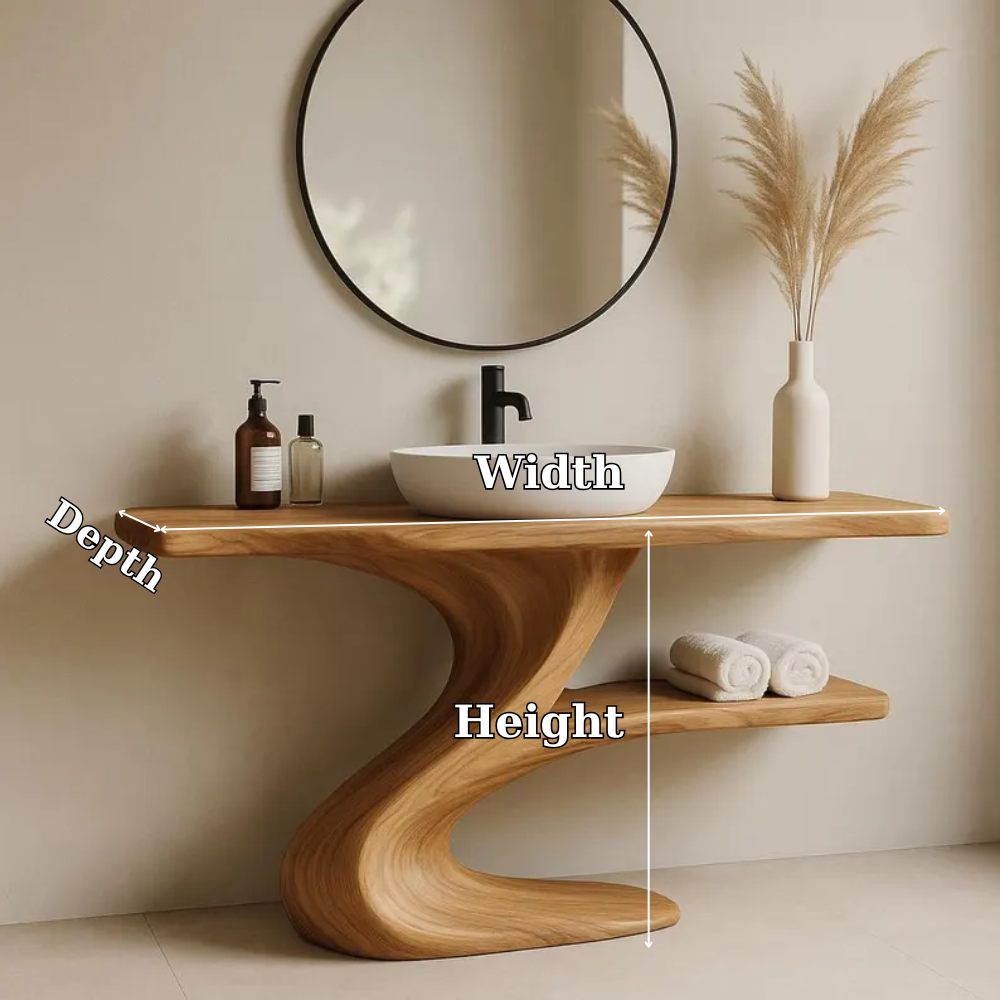 Handcrafted Solid Wood Bathroom Vanity with Curved Base – Modern Organic Sink Console Kitchnce