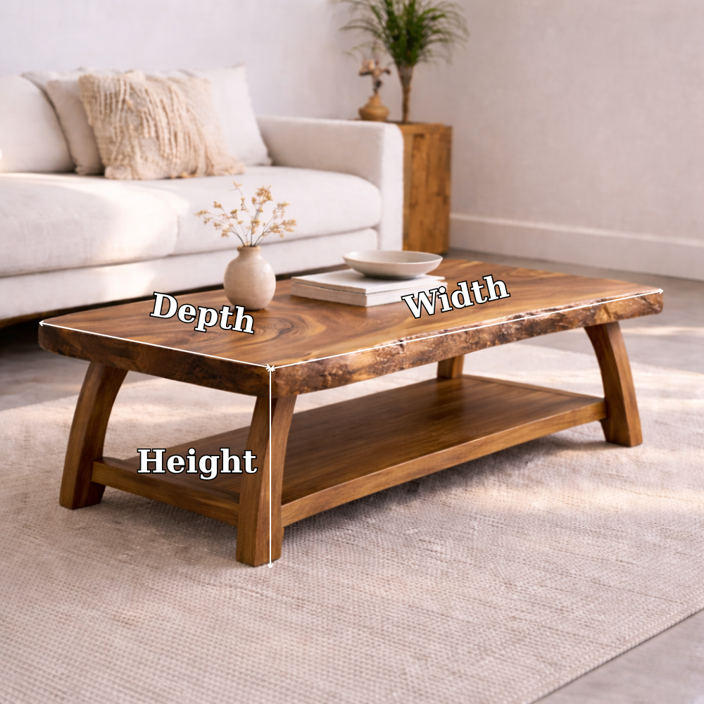 Live Edge Solid Wood Coffee Table with Storage Shelf – Rustic Modern Living Room Table Kitchnce