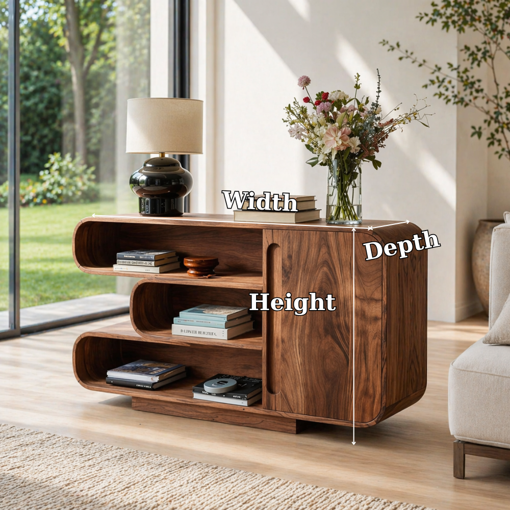 Curved Solid Wood Console Sideboard – Modern Walnut Storage Cabinet with Shelves