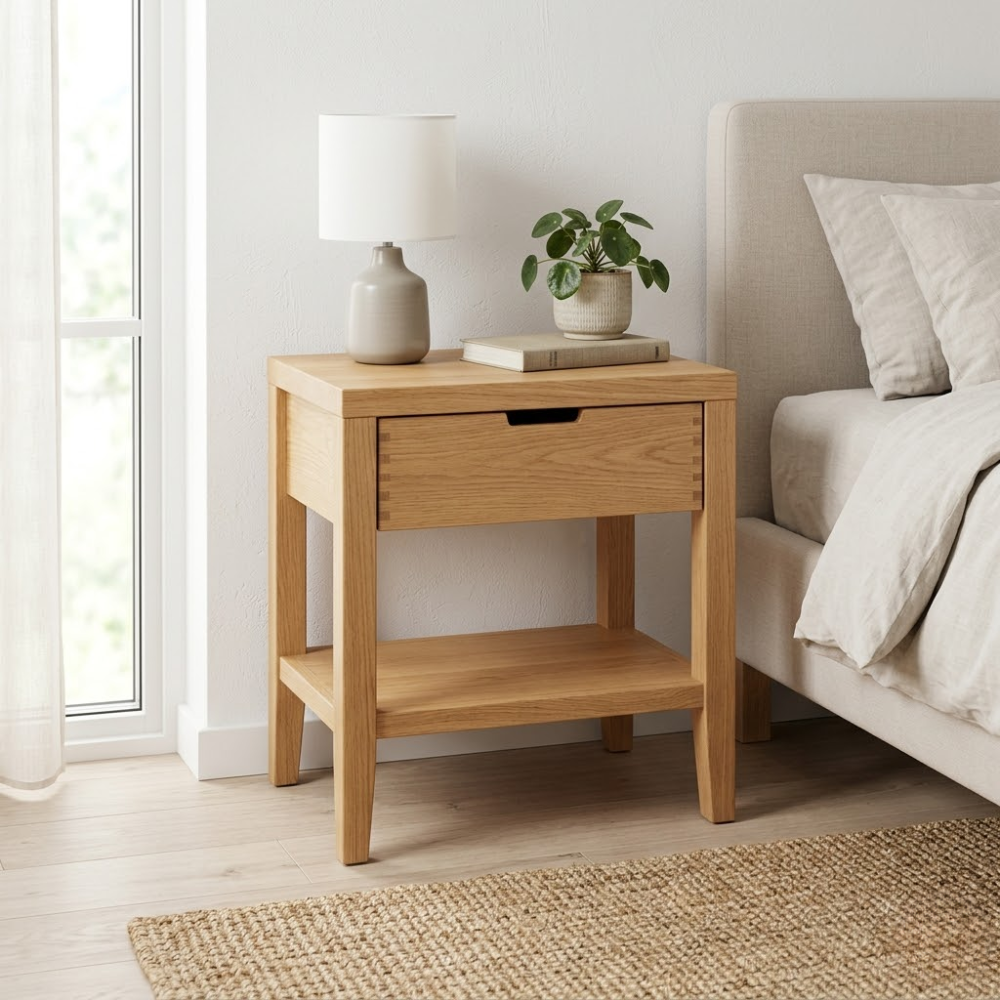 Solid Oak Nightstand with Drawer & Shelf – Modern Wooden Bedside Table