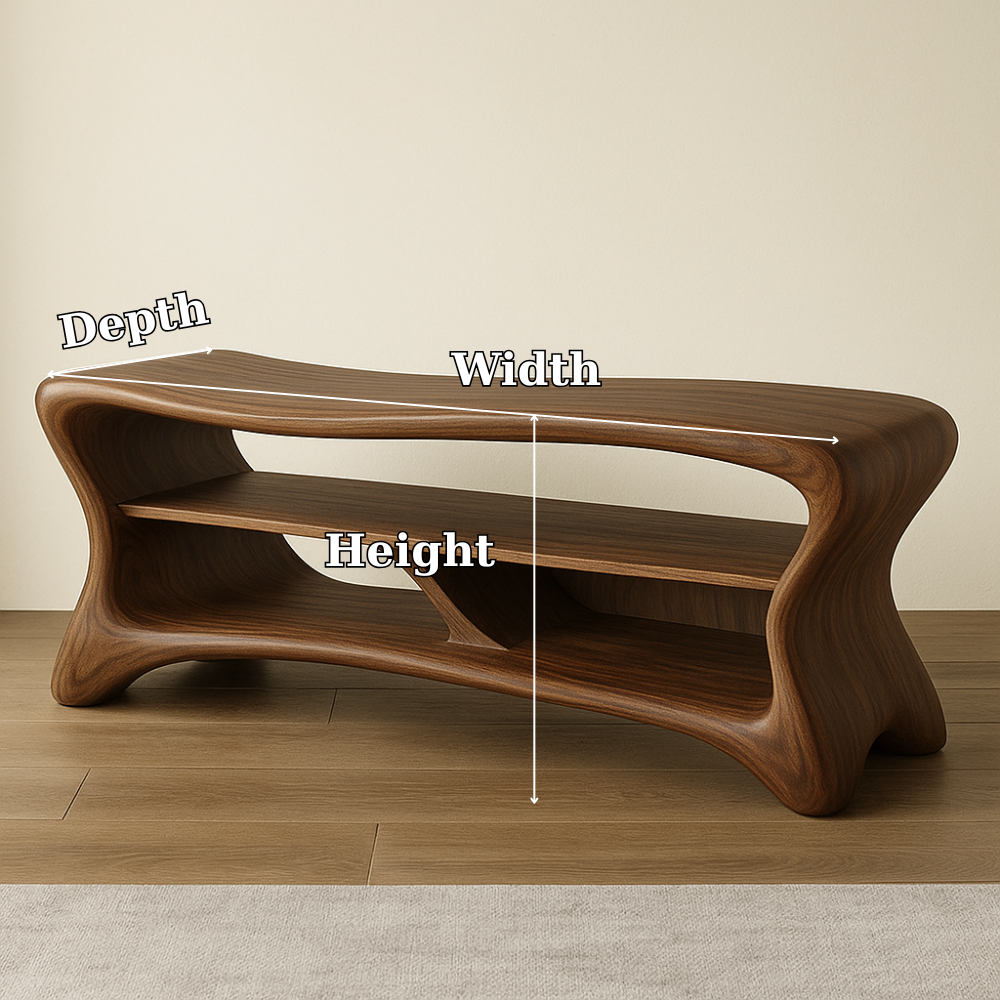 Sculptural Solid Wood TV Console – Modern Wooden Media Stand with Storage Shelf Kitchnce