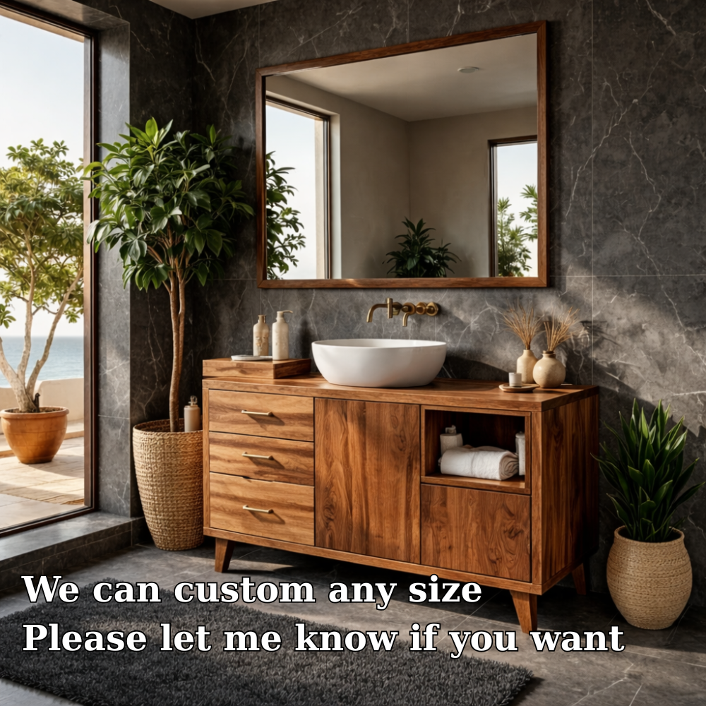 Solid Wood Bathroom Vanity with Drawers & Open Shelf – Modern Walnut Vanity Cabinet