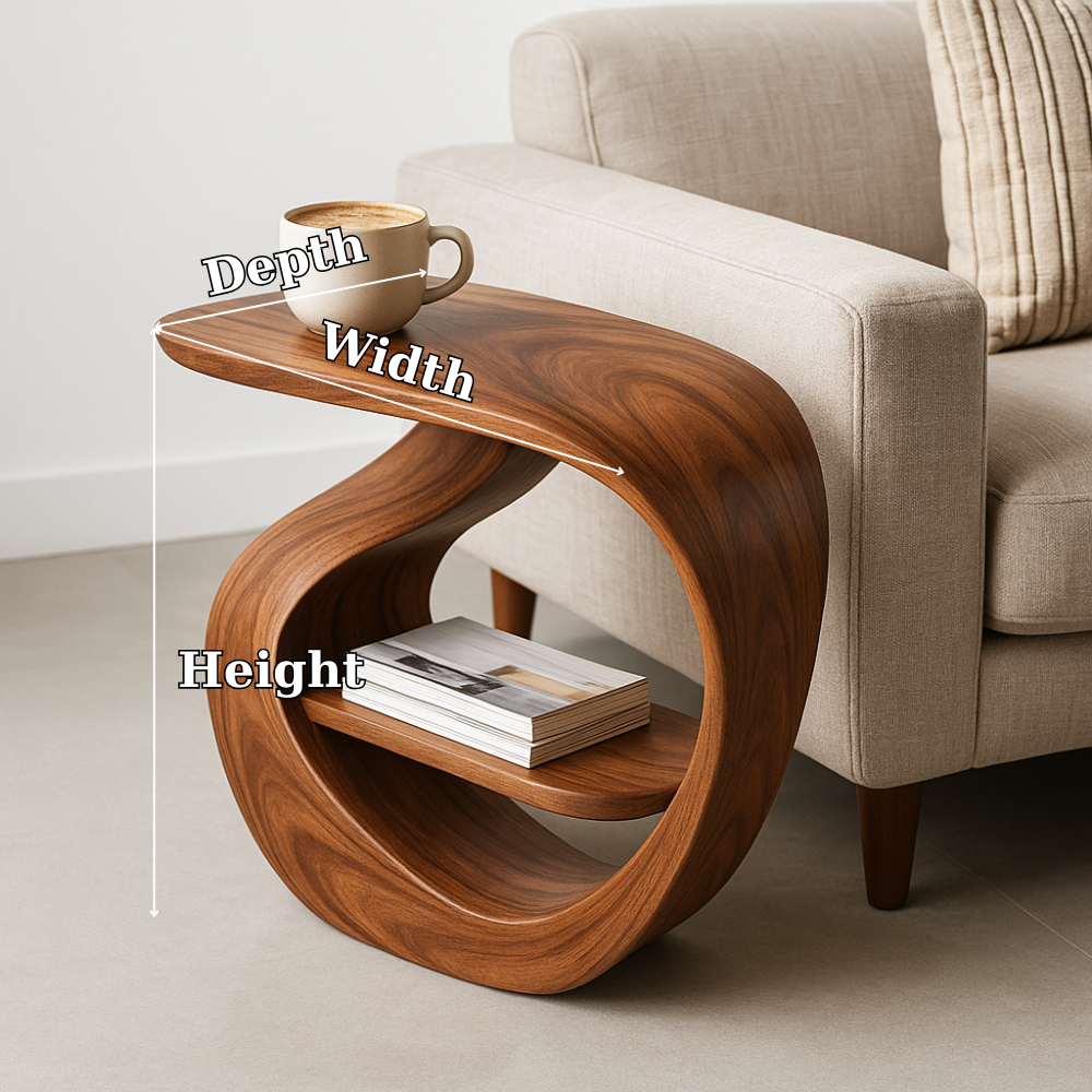 Handcrafted Solid Wood Armrest Table – Sculptural Sofa Side Table with Storage Shelf Kitchnce