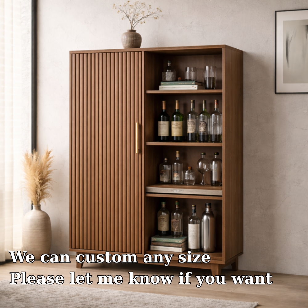 Solid Wood Bar Cabinet with Fluted Door and Open Wine Storage Shelves