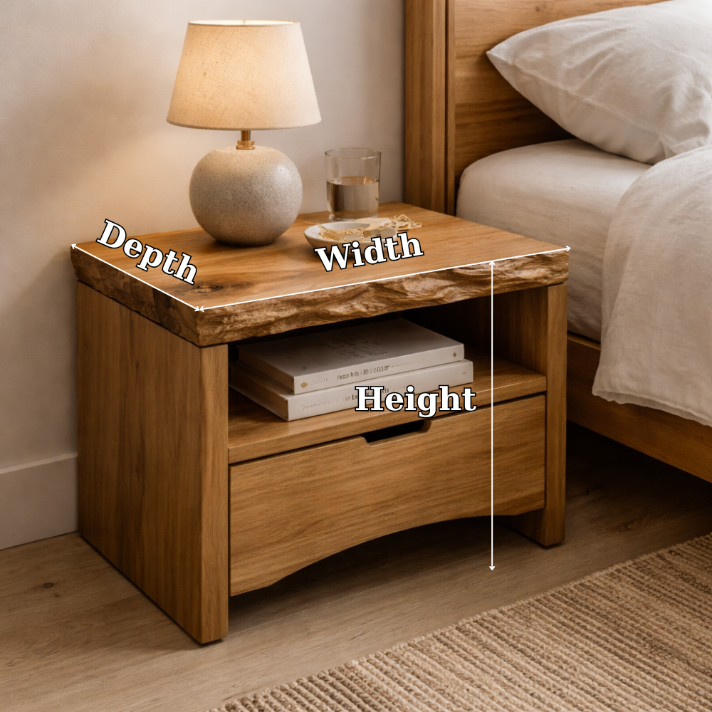 Solid Wood Live Edge End Table with Drawer and Shelf – Rustic Bedside Nightstand