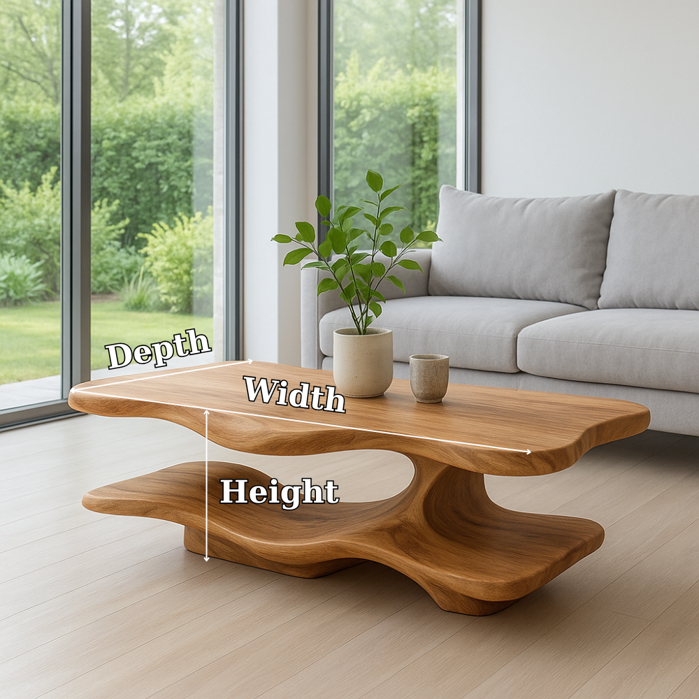 Solid Wood Coffee Table with Sculptural Curved Base and Organic Shape for Living Room Kitchnce