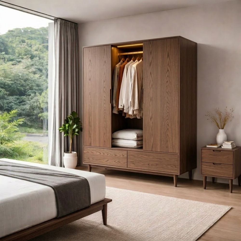 Solid Wood Wardrobe with Drawers – Mid Century Bedroom Closet