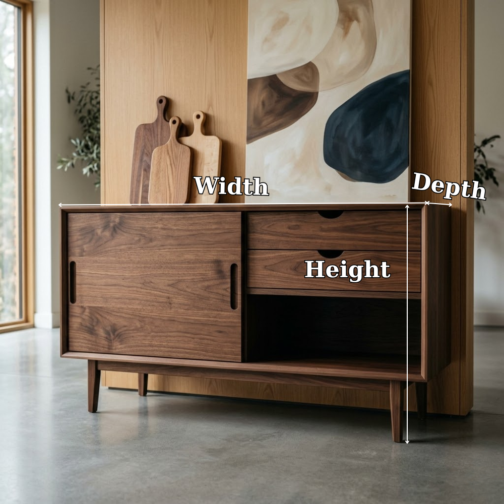 Mid Century Solid Wood Console Cabinet with Sliding Door and Drawers