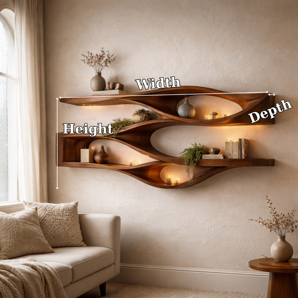 Handcrafted Solid Wood Floating Wall Shelf - Organic Curved Wave Design for Modern Home Decor