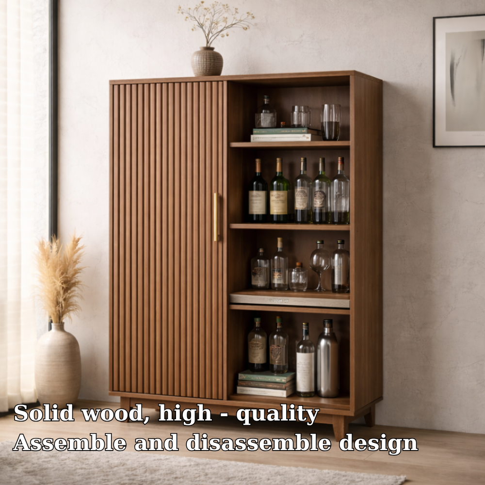 Solid Wood Bar Cabinet with Fluted Door and Open Wine Storage Shelves