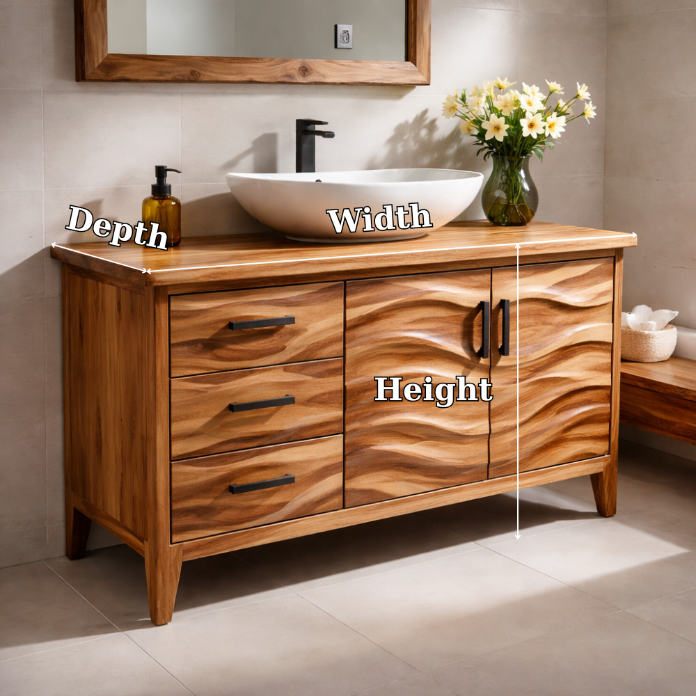 Solid Wood Bathroom Vanity with Wave Design & Drawers – Modern Rustic Base