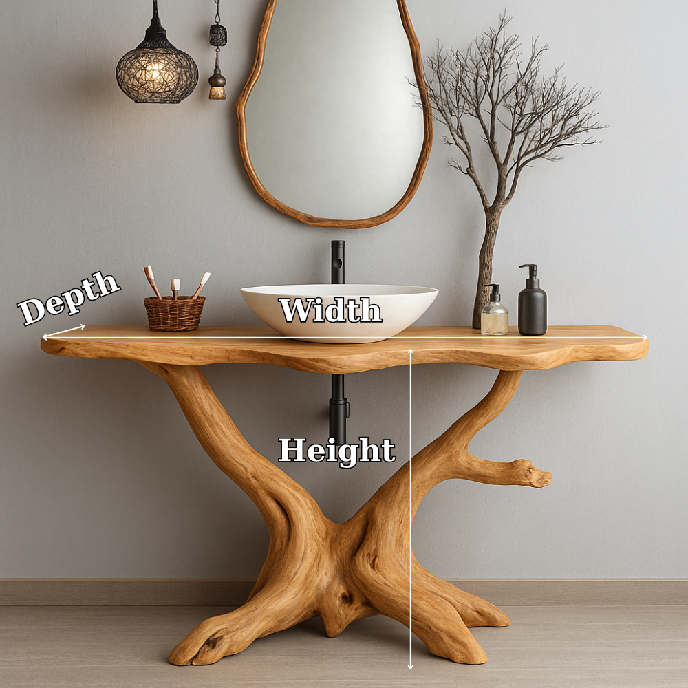 Handcrafted Solid Wood Bathroom Vanity – Organic Tree Root Design with Natural Live Edge Kitchnce