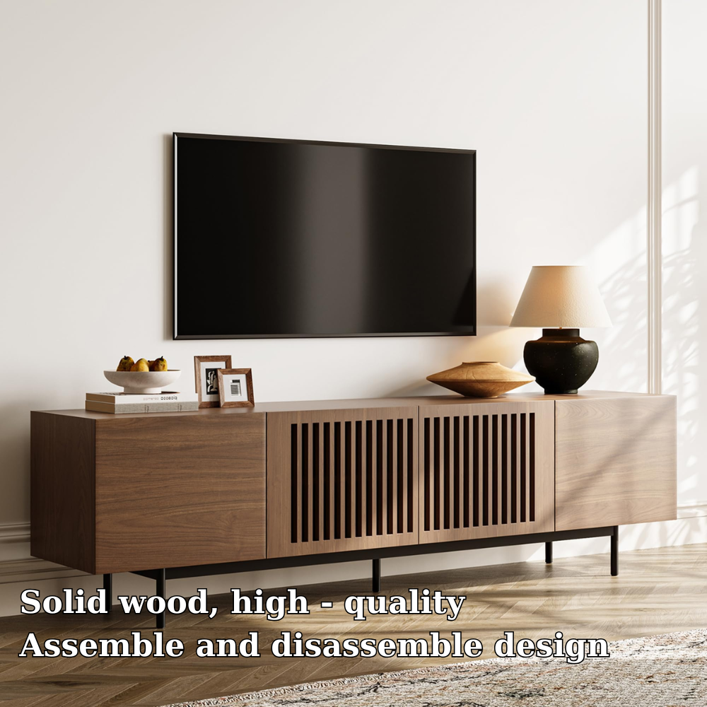 Solid Wood Media Console with Slatted Doors – Modern TV Stand Cabinet
