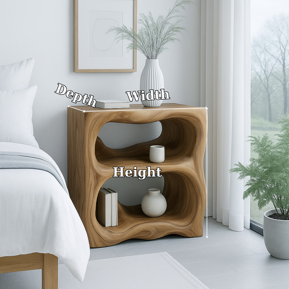Handcrafted Solid Wood Nightstand – Sculptural Organic Bedside Table with Open Shelves Kitchnce