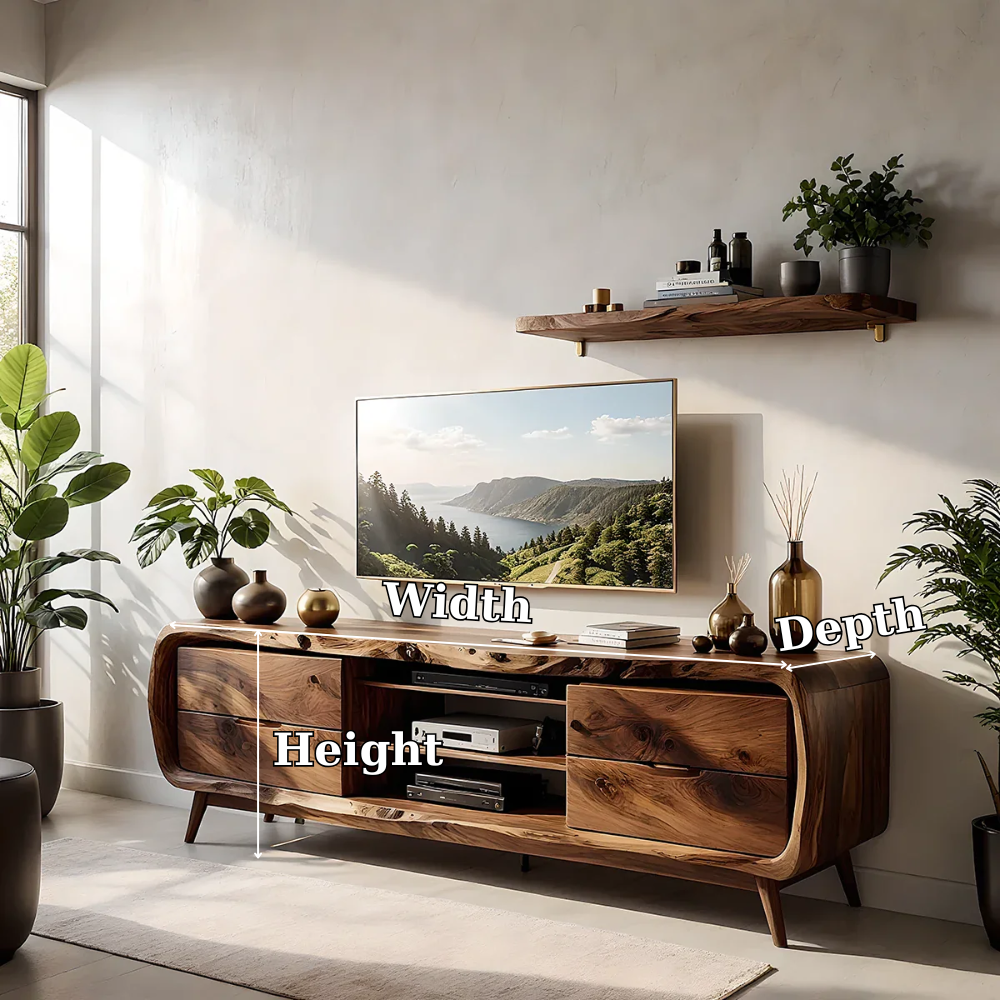Solid Wood TV Stand Modern Walnut Media Console with Mid Century Design
