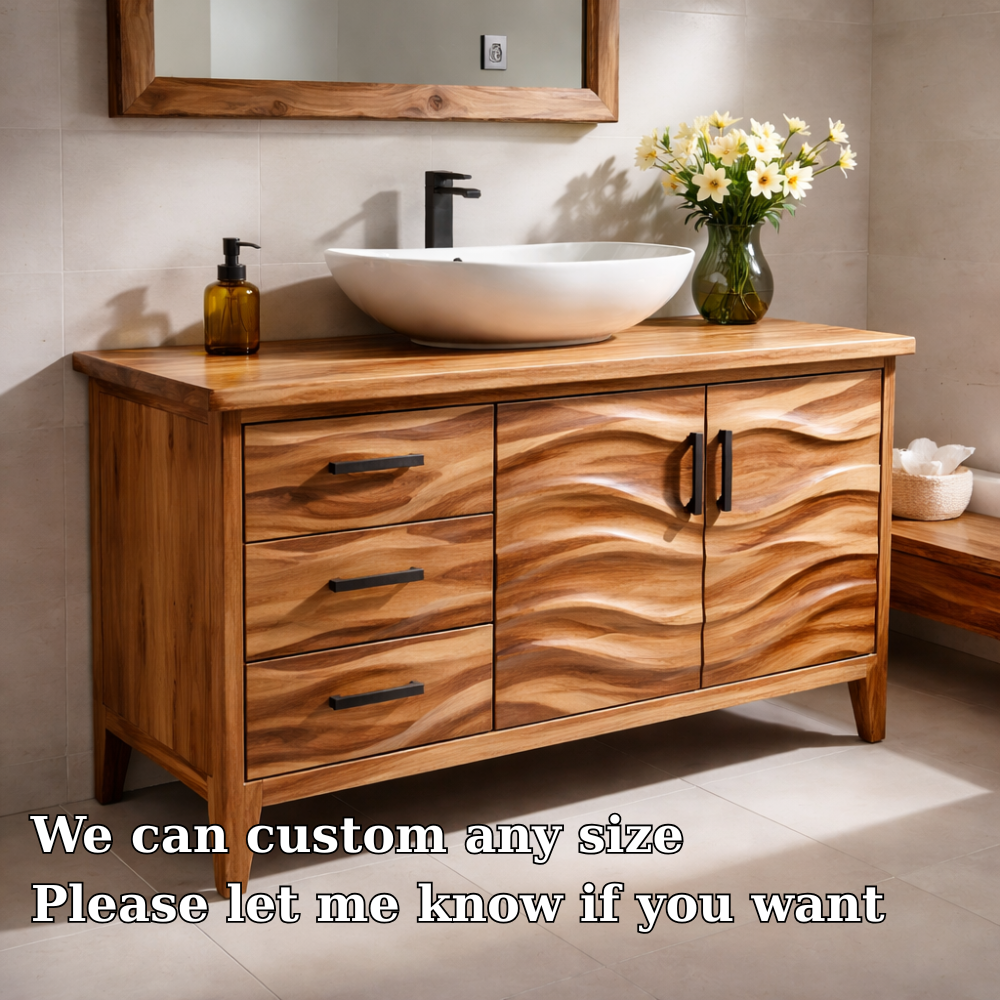 Solid Wood Bathroom Vanity with Wave Design & Drawers β Modern Rustic Base
