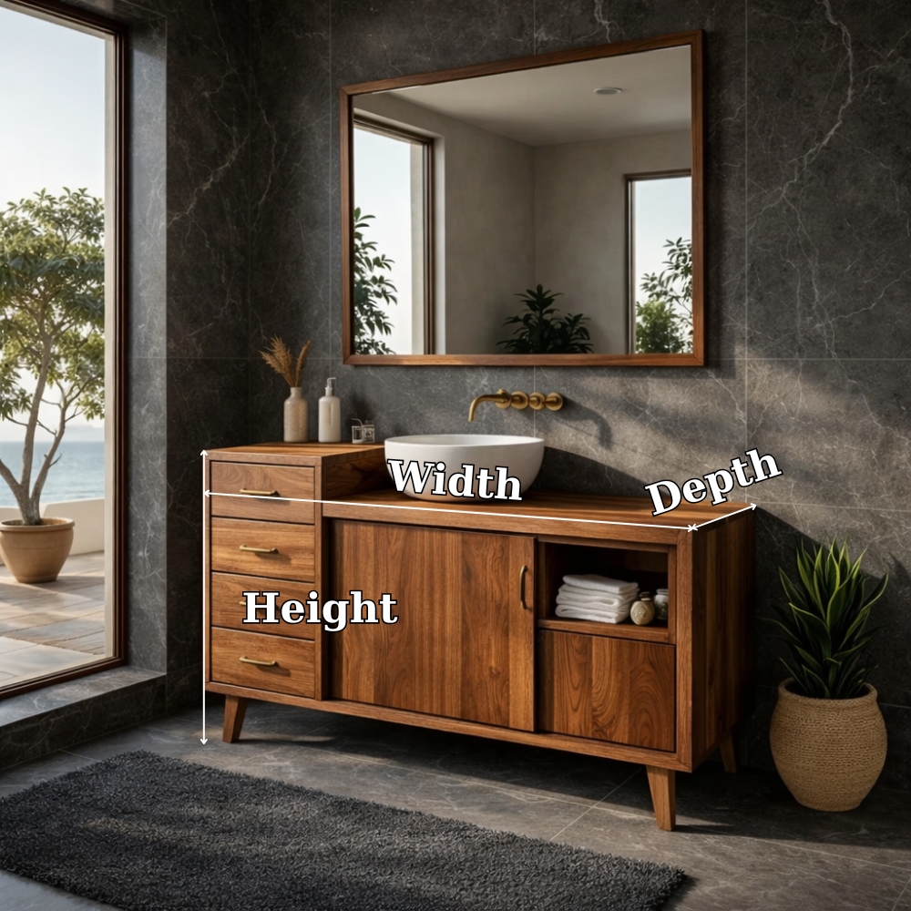 Solid Wood Bathroom Vanity with Drawers & Cabinet Storage – Mid Century Walnut Vanity