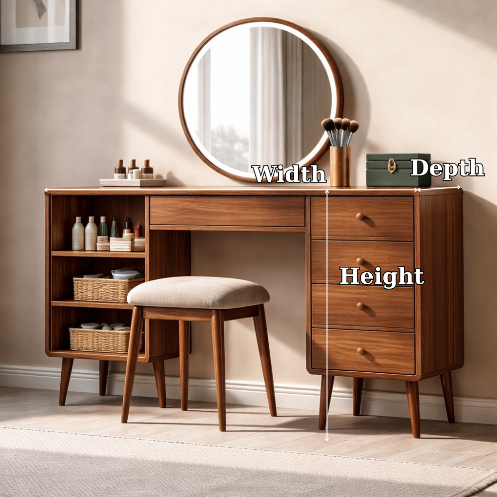 Solid Wood Makeup Vanity with Spacious Storage – Modern Mid-Century Design