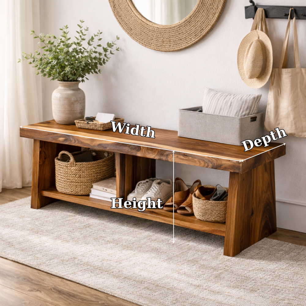 Solid Wood Entryway Bench with Storage | Rustic Hallway Bench with Open Shelves Kitchnce